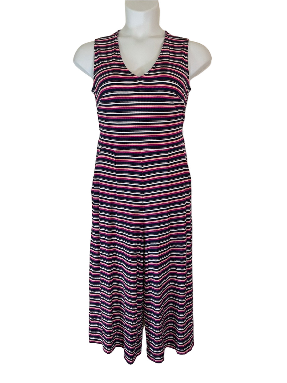 a.n.a Striped V-Neck Sleeveless Wide Leg Jumpsuit Navy, Pink & White SKU1594